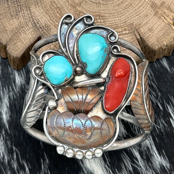 1970s Native American NAVAJO Sterling Bronze Turquoise Coral Fancy Cuff Bracelet - Picture 2 of 4